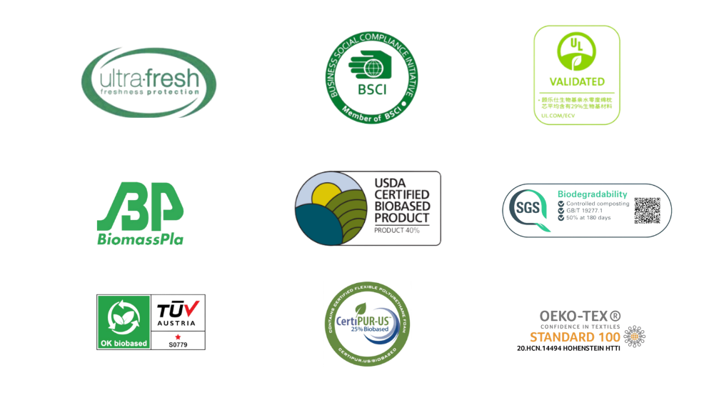 Certification badges: Ultra-Fresh, BSCI, UL Validated, BiomassPla, USDA Certified Biobased, SGS Biodegradability, TUV OK Biobased, CertiPUR-US, OEKO-TEX Standard 100