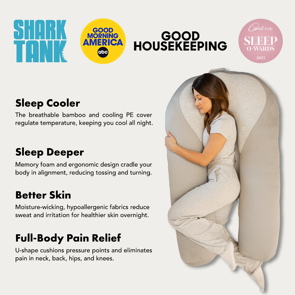 Press logos with Hugl benefits: sleep cooler, sleep deeper, better skin, and full-body pain relief